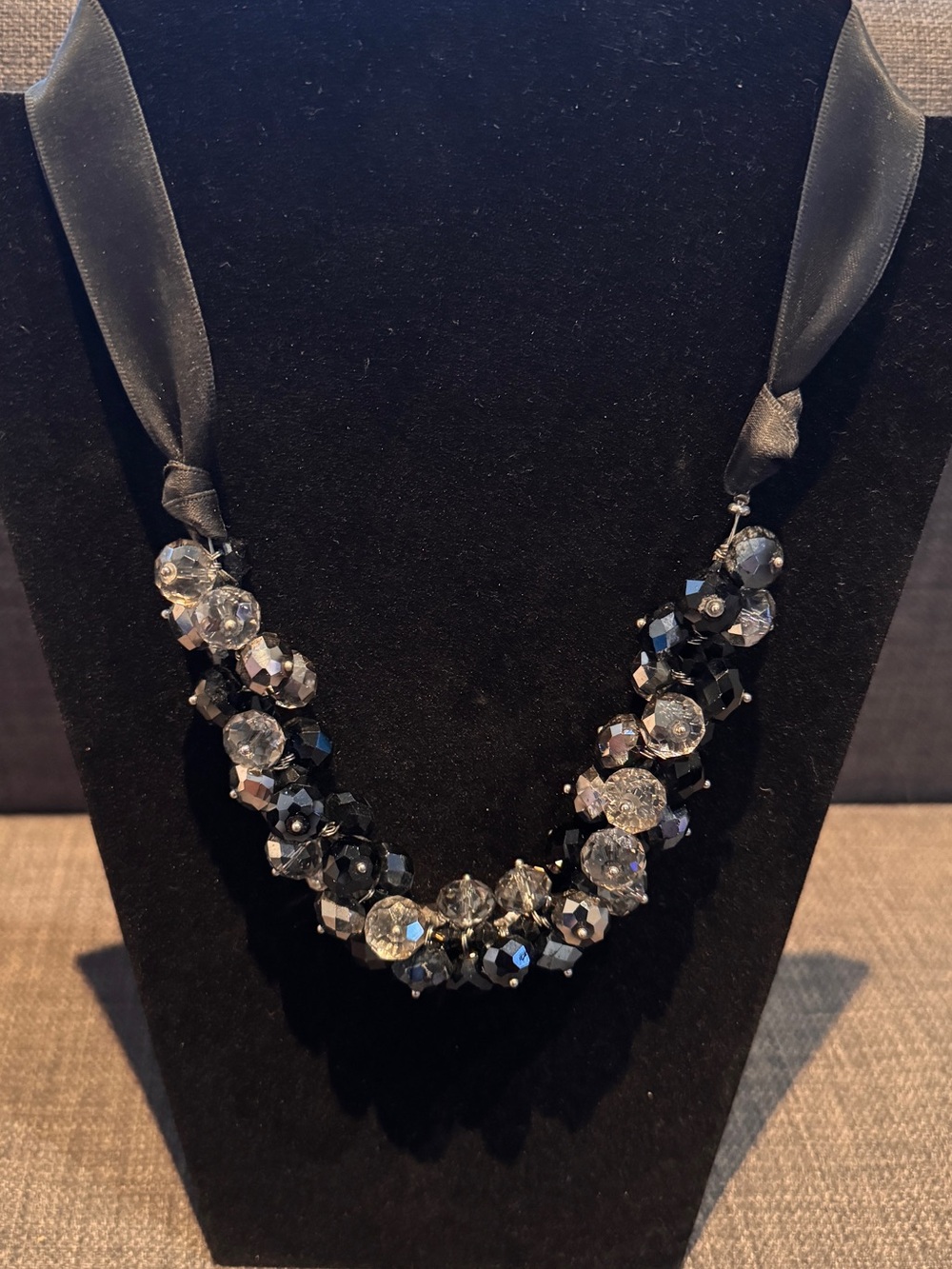 Black Crystal Cluster Ribbon-Tie Necklace